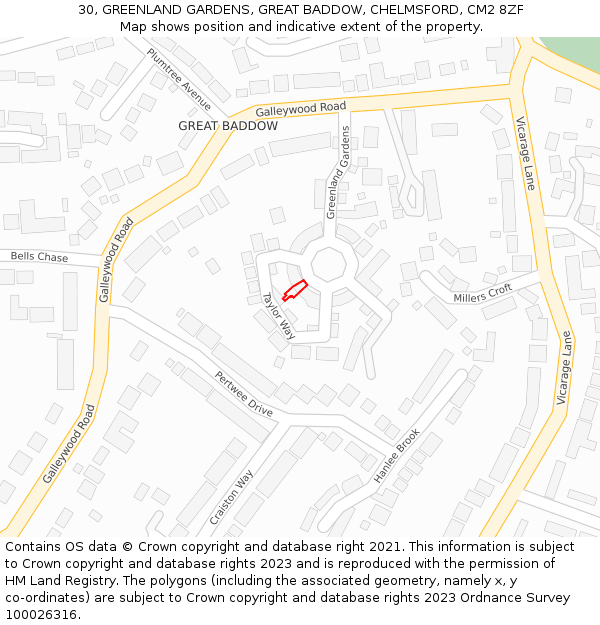 30, GREENLAND GARDENS, GREAT BADDOW, CHELMSFORD, CM2 8ZF: Location map and indicative extent of plot