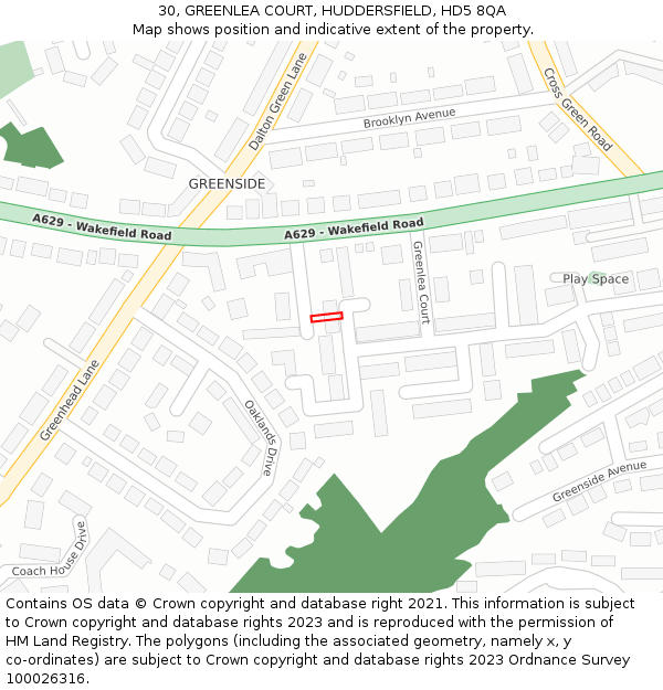 30, GREENLEA COURT, HUDDERSFIELD, HD5 8QA: Location map and indicative extent of plot