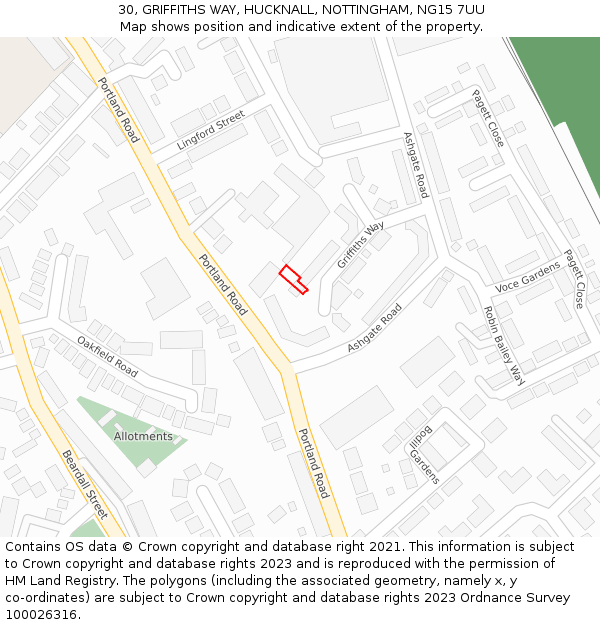30, GRIFFITHS WAY, HUCKNALL, NOTTINGHAM, NG15 7UU: Location map and indicative extent of plot