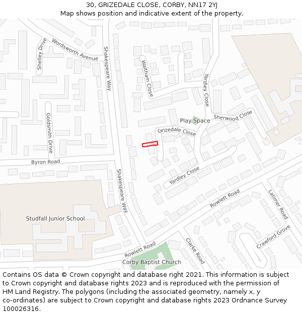 30, GRIZEDALE CLOSE, CORBY, NN17 2YJ: Location map and indicative extent of plot