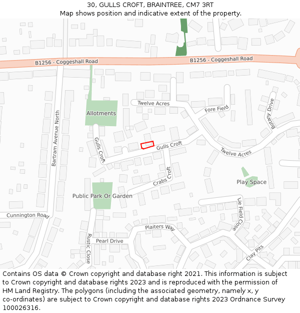 30, GULLS CROFT, BRAINTREE, CM7 3RT: Location map and indicative extent of plot