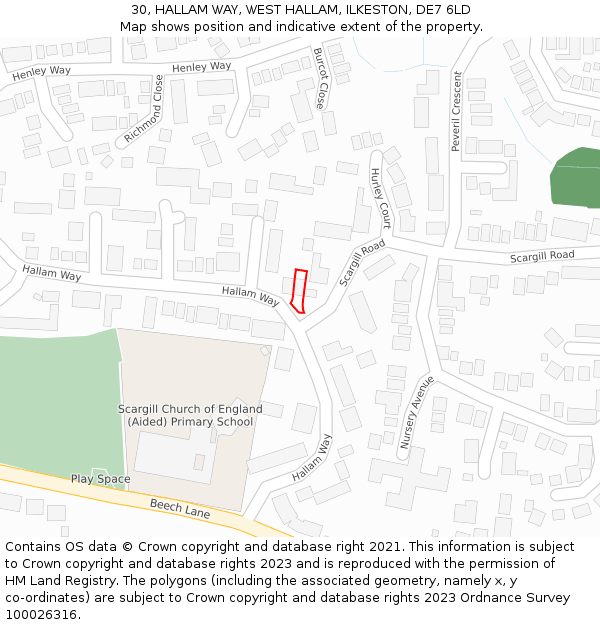 30, HALLAM WAY, WEST HALLAM, ILKESTON, DE7 6LD: Location map and indicative extent of plot