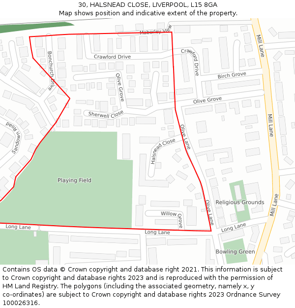 30, HALSNEAD CLOSE, LIVERPOOL, L15 8GA: Location map and indicative extent of plot