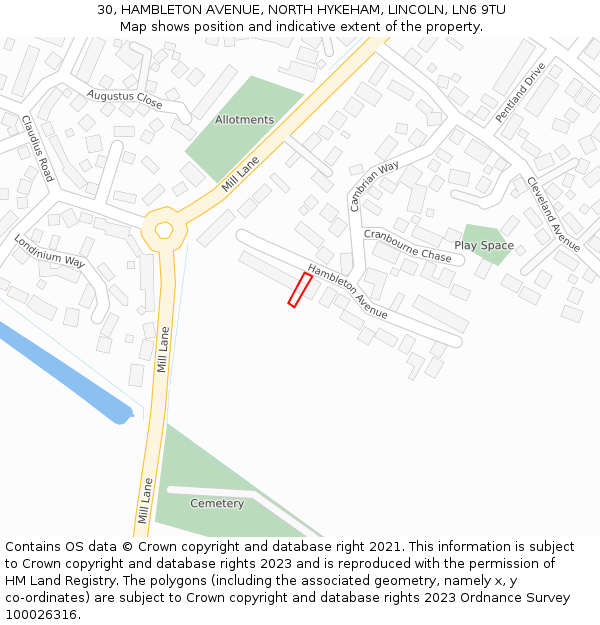 30, HAMBLETON AVENUE, NORTH HYKEHAM, LINCOLN, LN6 9TU: Location map and indicative extent of plot