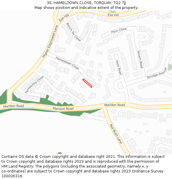 30, HAMELDOWN CLOSE, TORQUAY, TQ2 7JJ: Location map and indicative extent of plot