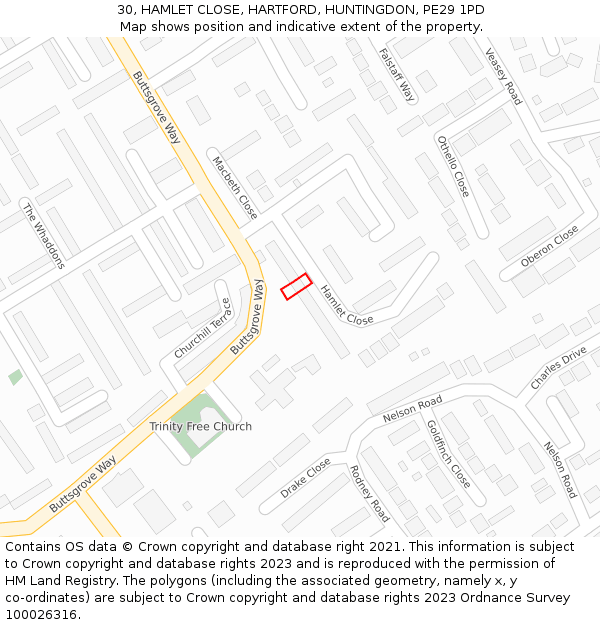 30, HAMLET CLOSE, HARTFORD, HUNTINGDON, PE29 1PD: Location map and indicative extent of plot