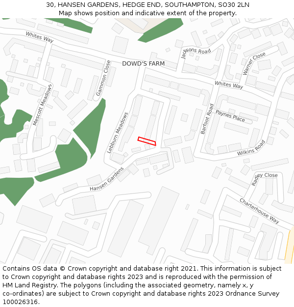 30, HANSEN GARDENS, HEDGE END, SOUTHAMPTON, SO30 2LN: Location map and indicative extent of plot