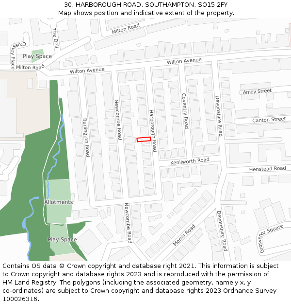 30, HARBOROUGH ROAD, SOUTHAMPTON, SO15 2FY: Location map and indicative extent of plot