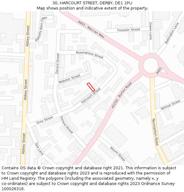 30, HARCOURT STREET, DERBY, DE1 1PU: Location map and indicative extent of plot