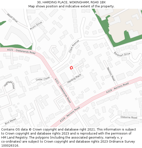 30, HARDING PLACE, WOKINGHAM, RG40 1BX: Location map and indicative extent of plot