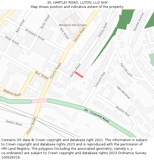 30, HARTLEY ROAD, LUTON, LU2 0HX: Location map and indicative extent of plot