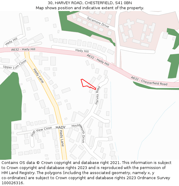 30, HARVEY ROAD, CHESTERFIELD, S41 0BN: Location map and indicative extent of plot