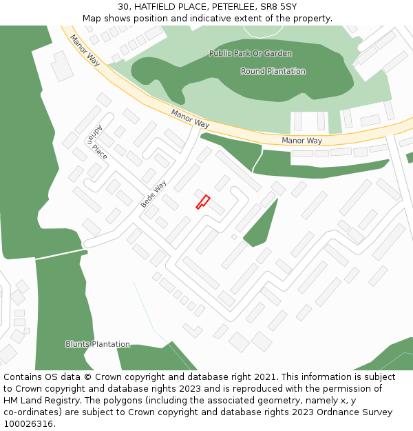 30, HATFIELD PLACE, PETERLEE, SR8 5SY: Location map and indicative extent of plot