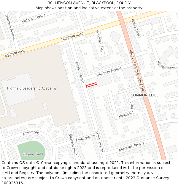 30, HENSON AVENUE, BLACKPOOL, FY4 3LY: Location map and indicative extent of plot