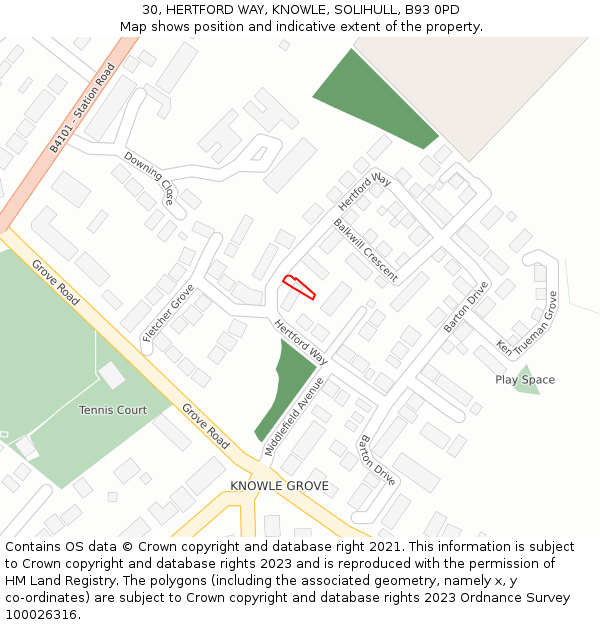 30, HERTFORD WAY, KNOWLE, SOLIHULL, B93 0PD: Location map and indicative extent of plot