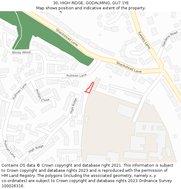 30, HIGH RIDGE, GODALMING, GU7 1YE: Location map and indicative extent of plot