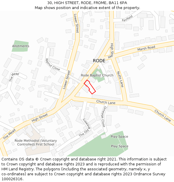 30, HIGH STREET, RODE, FROME, BA11 6PA: Location map and indicative extent of plot
