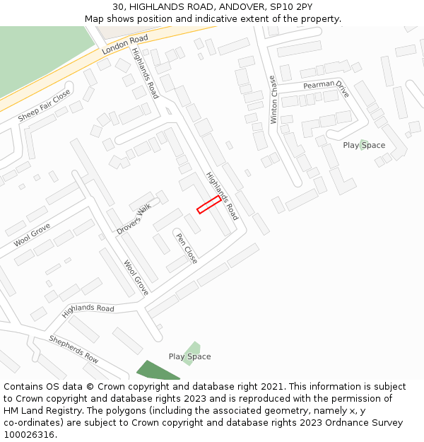 30, HIGHLANDS ROAD, ANDOVER, SP10 2PY: Location map and indicative extent of plot