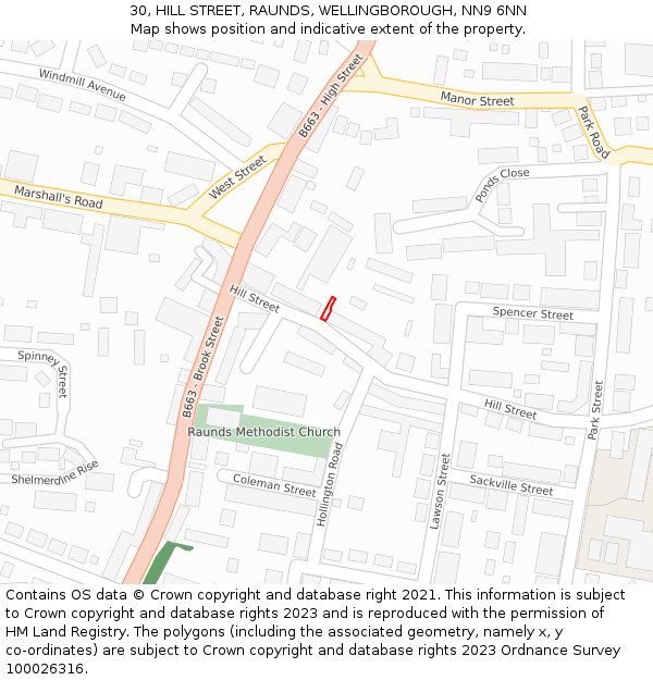 30, HILL STREET, RAUNDS, WELLINGBOROUGH, NN9 6NN: Location map and indicative extent of plot