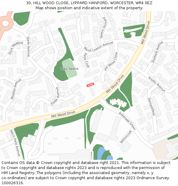 30, HILL WOOD CLOSE, LYPPARD HANFORD, WORCESTER, WR4 0EZ: Location map and indicative extent of plot