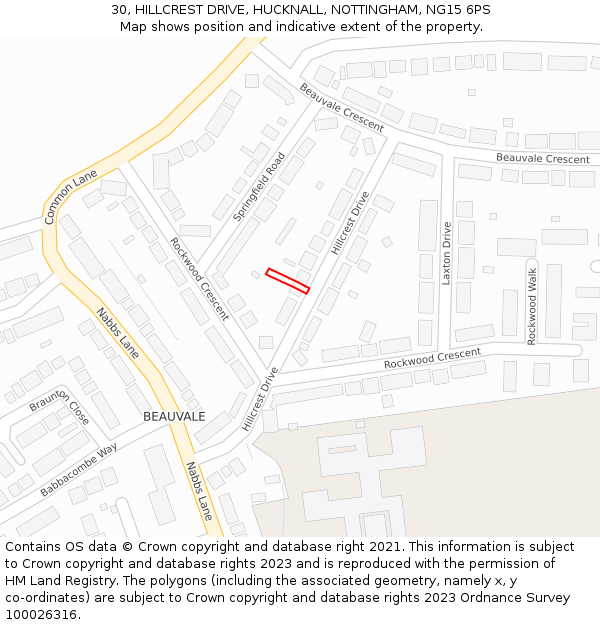 30, HILLCREST DRIVE, HUCKNALL, NOTTINGHAM, NG15 6PS: Location map and indicative extent of plot
