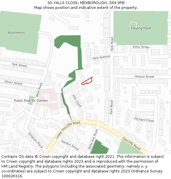 30, HILLS CLOSE, MEXBOROUGH, S64 9PB: Location map and indicative extent of plot