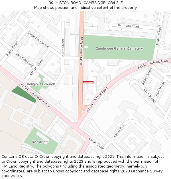 30, HISTON ROAD, CAMBRIDGE, CB4 3LE: Location map and indicative extent of plot