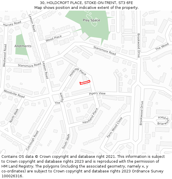 30, HOLDCROFT PLACE, STOKE-ON-TRENT, ST3 6FE: Location map and indicative extent of plot