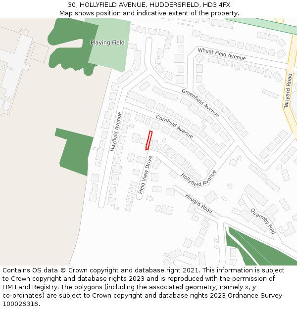 30, HOLLYFIELD AVENUE, HUDDERSFIELD, HD3 4FX: Location map and indicative extent of plot