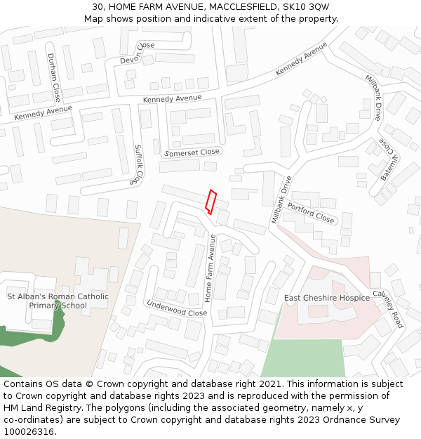 30, HOME FARM AVENUE, MACCLESFIELD, SK10 3QW: Location map and indicative extent of plot
