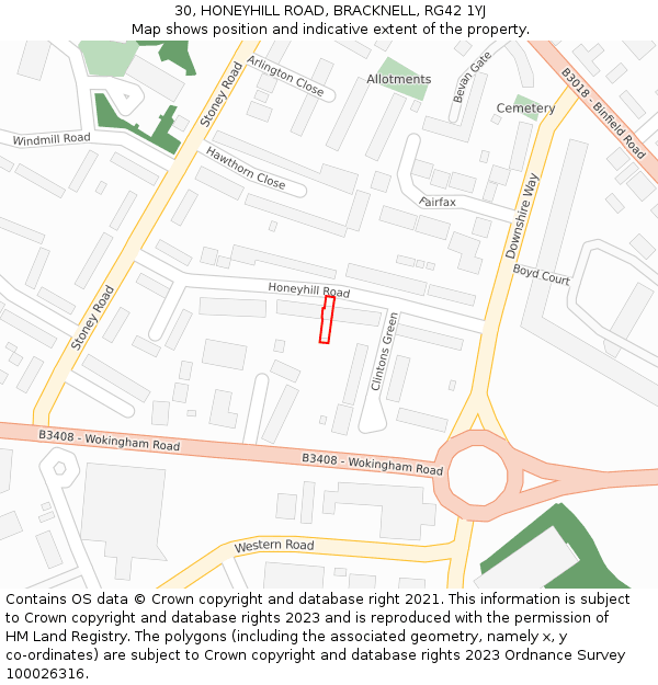 30, HONEYHILL ROAD, BRACKNELL, RG42 1YJ: Location map and indicative extent of plot