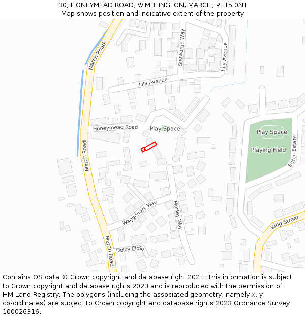 30, HONEYMEAD ROAD, WIMBLINGTON, MARCH, PE15 0NT: Location map and indicative extent of plot