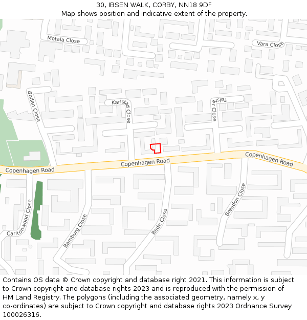 30, IBSEN WALK, CORBY, NN18 9DF: Location map and indicative extent of plot