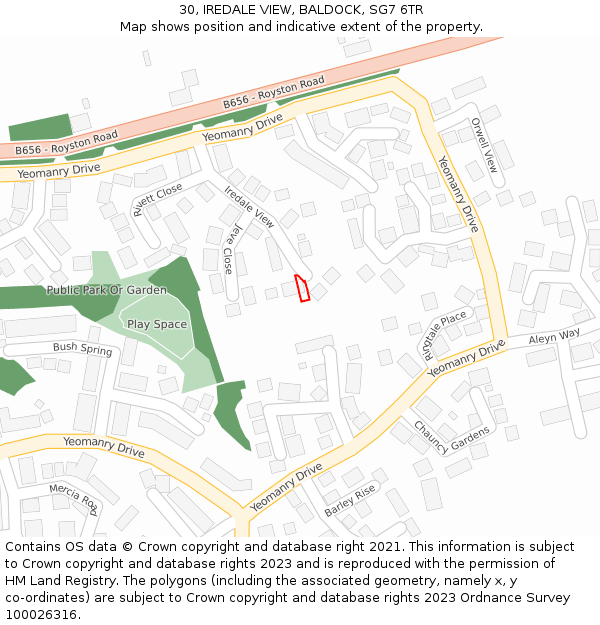 30, IREDALE VIEW, BALDOCK, SG7 6TR: Location map and indicative extent of plot