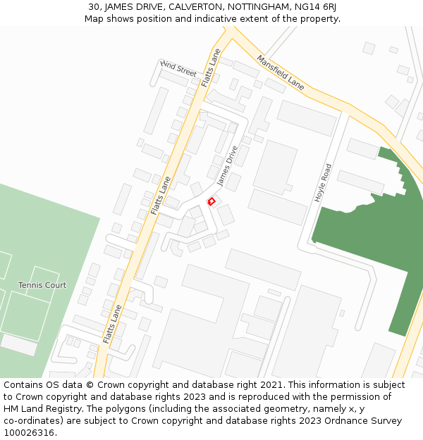 30, JAMES DRIVE, CALVERTON, NOTTINGHAM, NG14 6RJ: Location map and indicative extent of plot