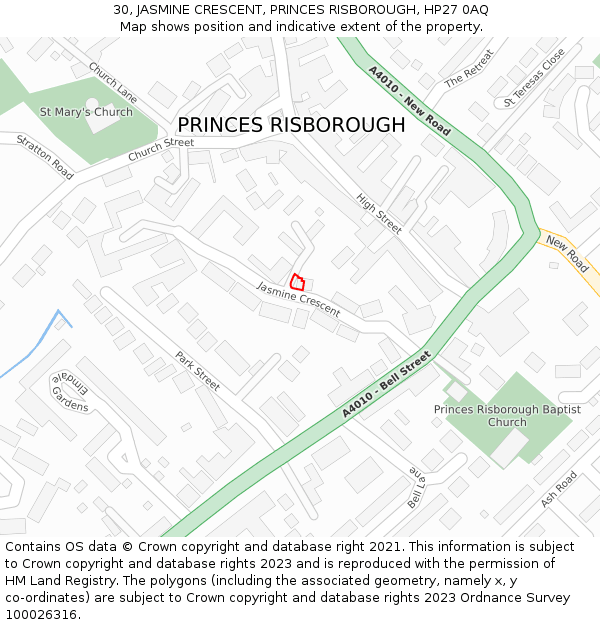 30, JASMINE CRESCENT, PRINCES RISBOROUGH, HP27 0AQ: Location map and indicative extent of plot