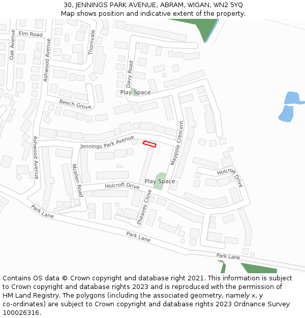 30, JENNINGS PARK AVENUE, ABRAM, WIGAN, WN2 5YQ: Location map and indicative extent of plot
