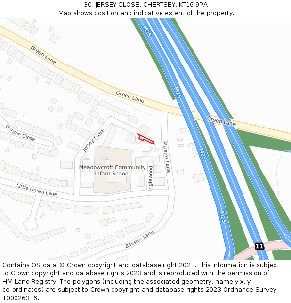 30, JERSEY CLOSE, CHERTSEY, KT16 9PA: Location map and indicative extent of plot