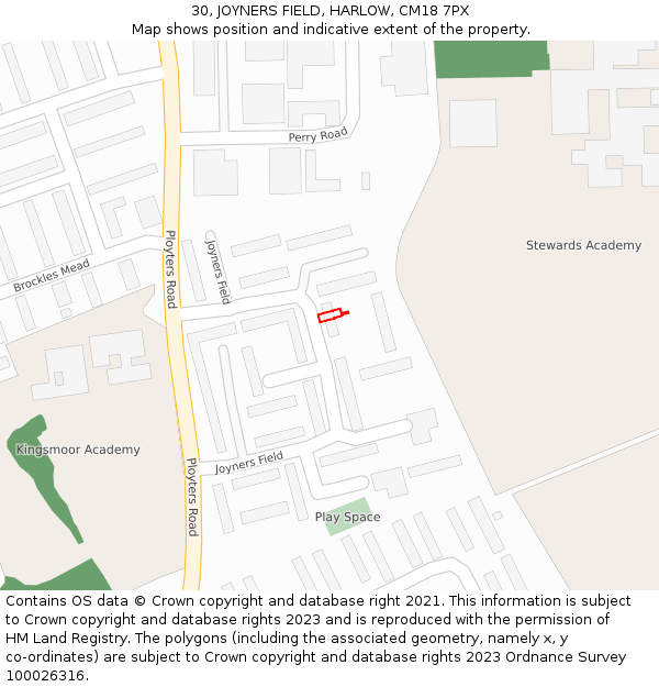 30, JOYNERS FIELD, HARLOW, CM18 7PX: Location map and indicative extent of plot