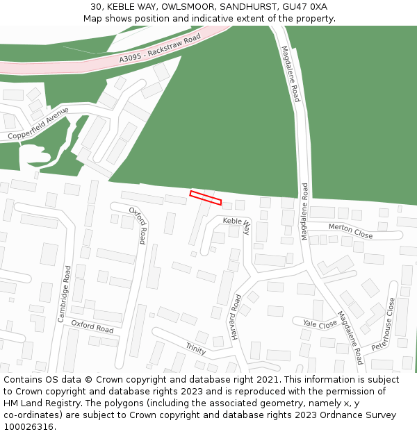 30, KEBLE WAY, OWLSMOOR, SANDHURST, GU47 0XA: Location map and indicative extent of plot