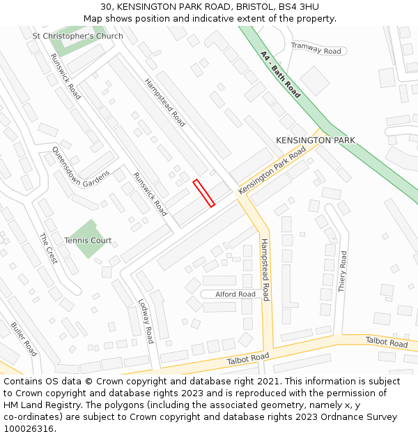 30, KENSINGTON PARK ROAD, BRISTOL, BS4 3HU: Location map and indicative extent of plot