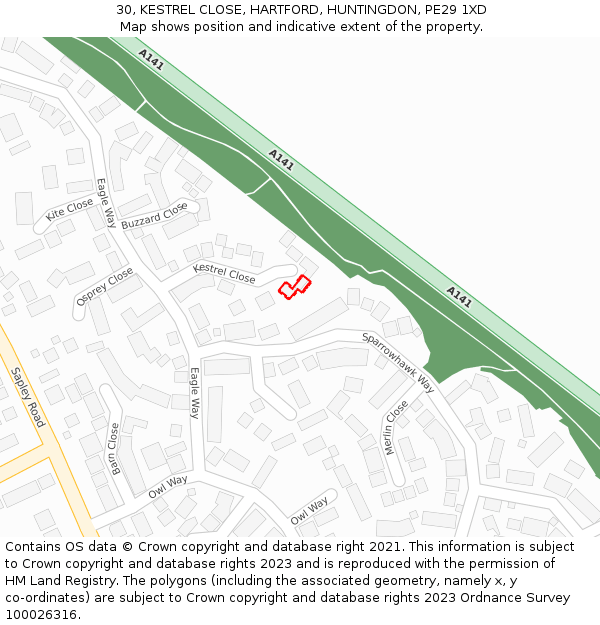 30, KESTREL CLOSE, HARTFORD, HUNTINGDON, PE29 1XD: Location map and indicative extent of plot