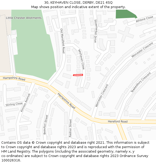 30, KEYHAVEN CLOSE, DERBY, DE21 4SQ: Location map and indicative extent of plot