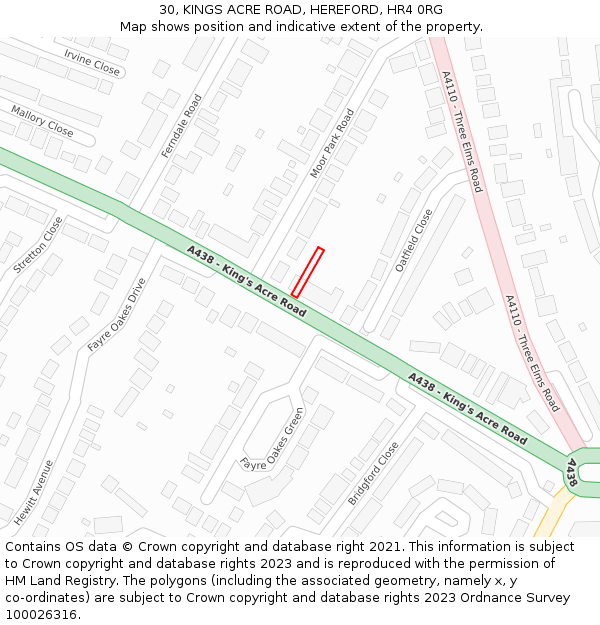 30, KINGS ACRE ROAD, HEREFORD, HR4 0RG: Location map and indicative extent of plot