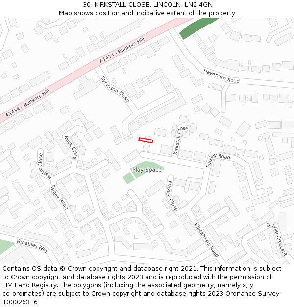 30, KIRKSTALL CLOSE, LINCOLN, LN2 4GN: Location map and indicative extent of plot