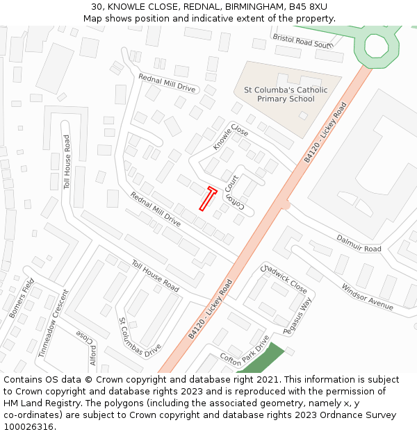 30, KNOWLE CLOSE, REDNAL, BIRMINGHAM, B45 8XU: Location map and indicative extent of plot
