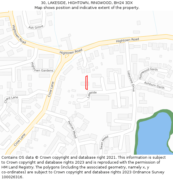 30, LAKESIDE, HIGHTOWN, RINGWOOD, BH24 3DX: Location map and indicative extent of plot