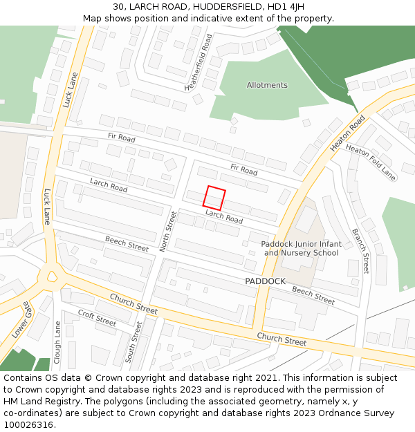 30, LARCH ROAD, HUDDERSFIELD, HD1 4JH: Location map and indicative extent of plot