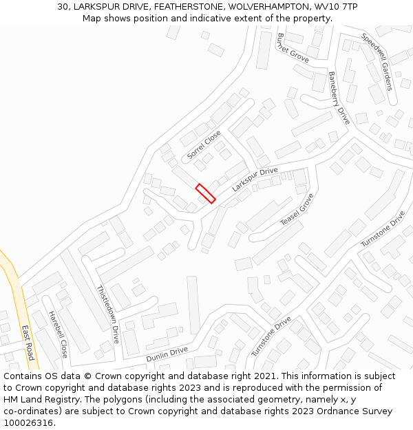 30, LARKSPUR DRIVE, FEATHERSTONE, WOLVERHAMPTON, WV10 7TP: Location map and indicative extent of plot