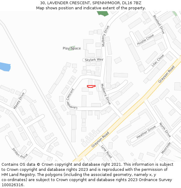 30, LAVENDER CRESCENT, SPENNYMOOR, DL16 7BZ: Location map and indicative extent of plot